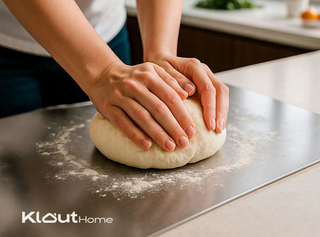 Manos amasando masa sobre mesa de cocina, idea de cocina casera y repostería.