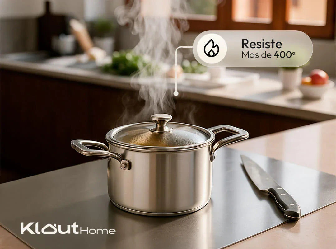 Olla de acero inoxidable con tapa, vapor saliendo, cuchillo al lado, cocina moderna.