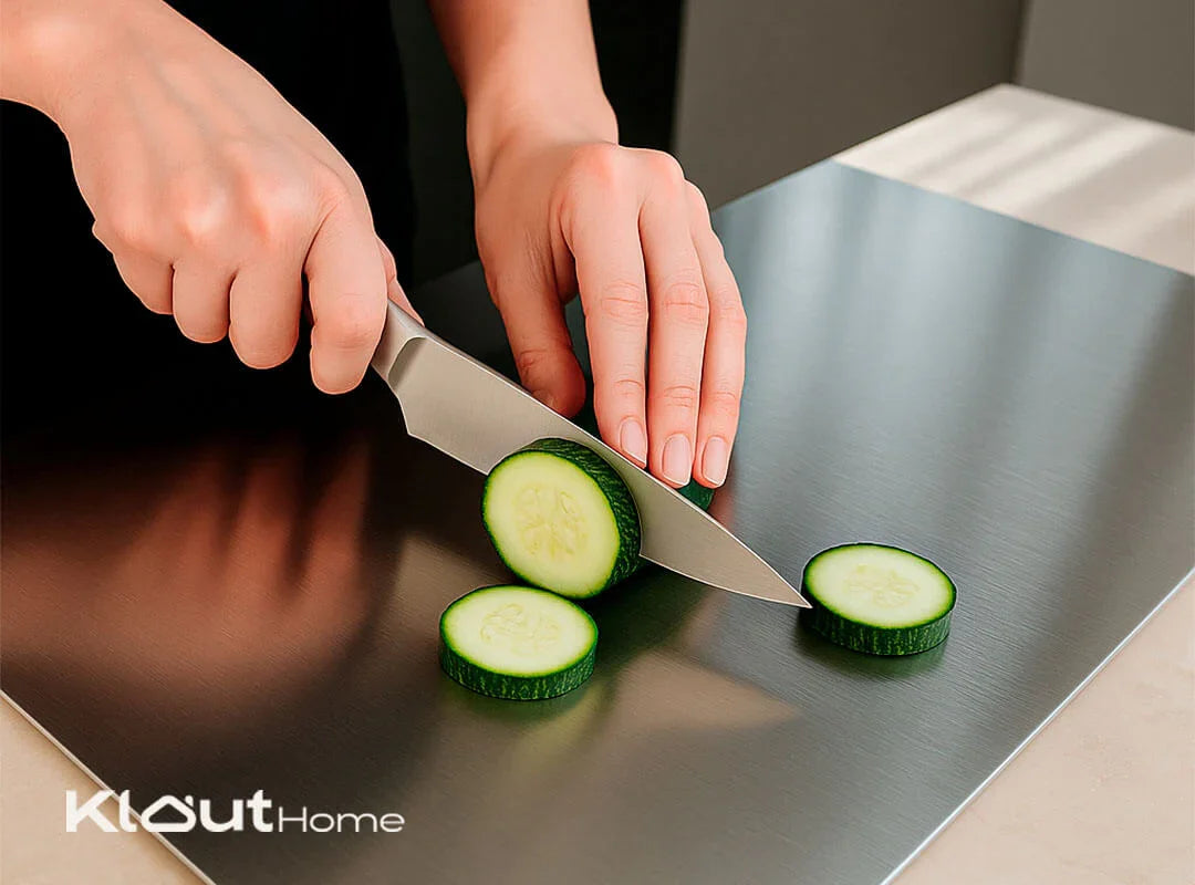 Manos cortando pepino fresco con cuchillo sobre tabla de acero inoxidable en cocina moderna